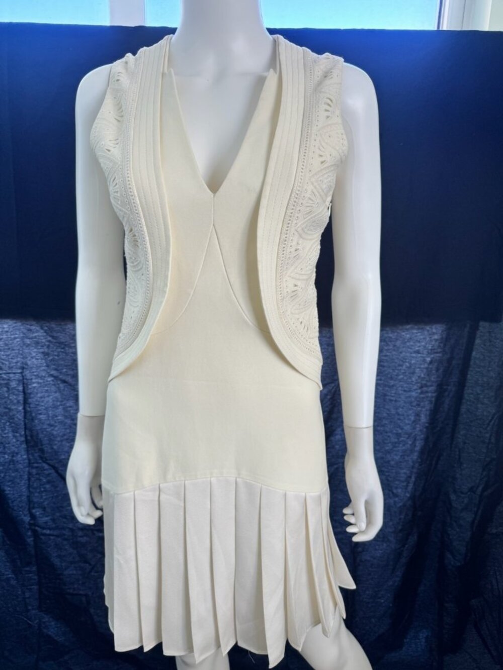 LILI Ping He Vintage Cream Dress Crop Vest Pleated Tennis Drop Waist Womens